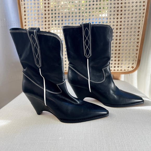 NEW Zara SRPLS Black Leather Cowboy Boots Western Festival Cowgirl SZ EU 37 US 7 - Picture 2 of 11